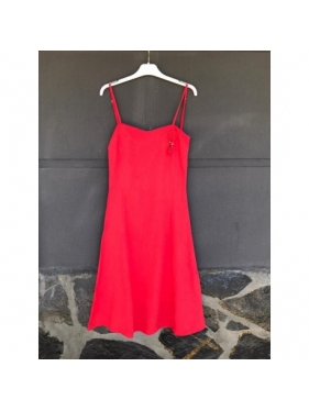 Kırmızı Otantik Buldan Bezi & Şile Bezi İp Askılı Yaka  Güllü Elbise